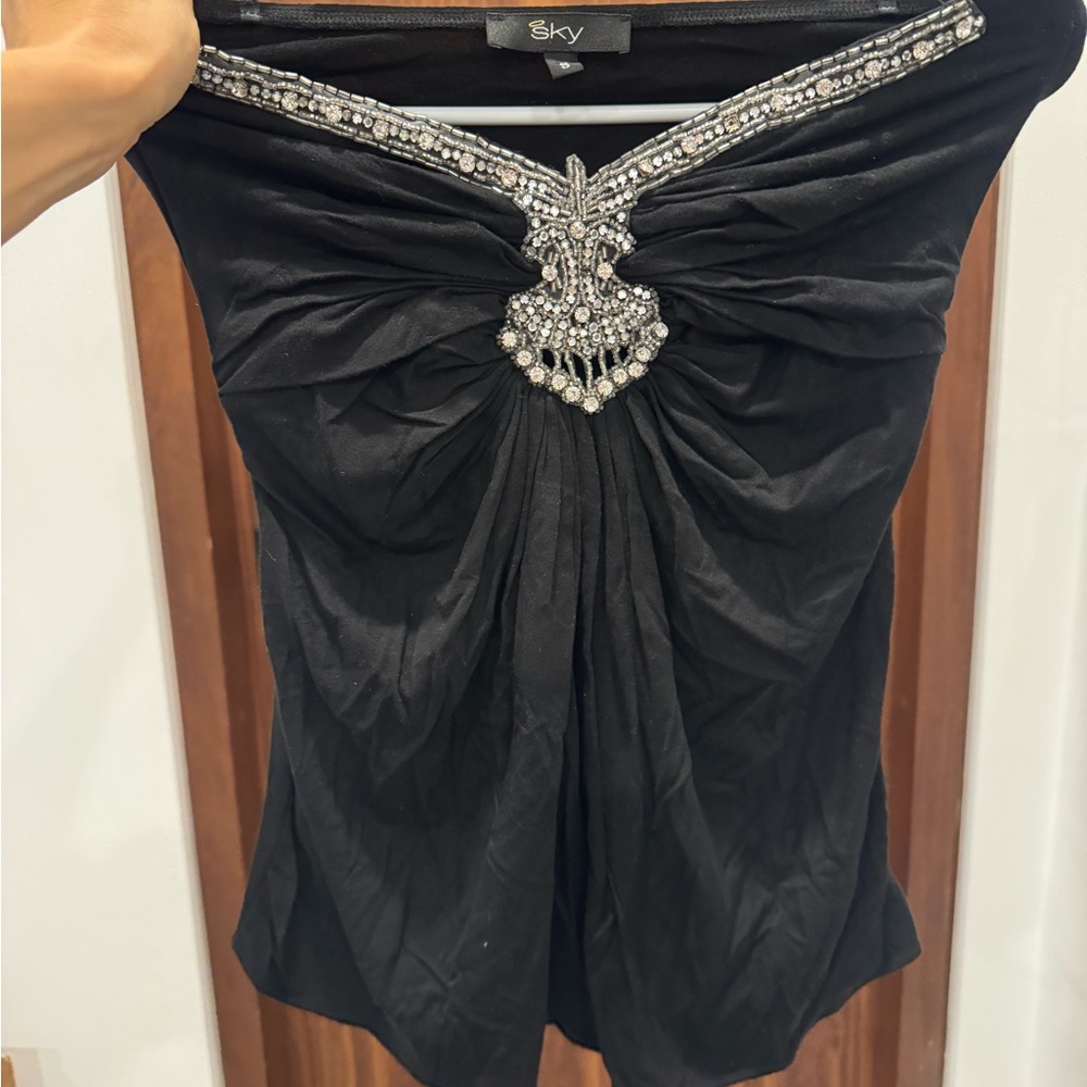 Sky Black strapless Top with Crystal Beaded Accent size S